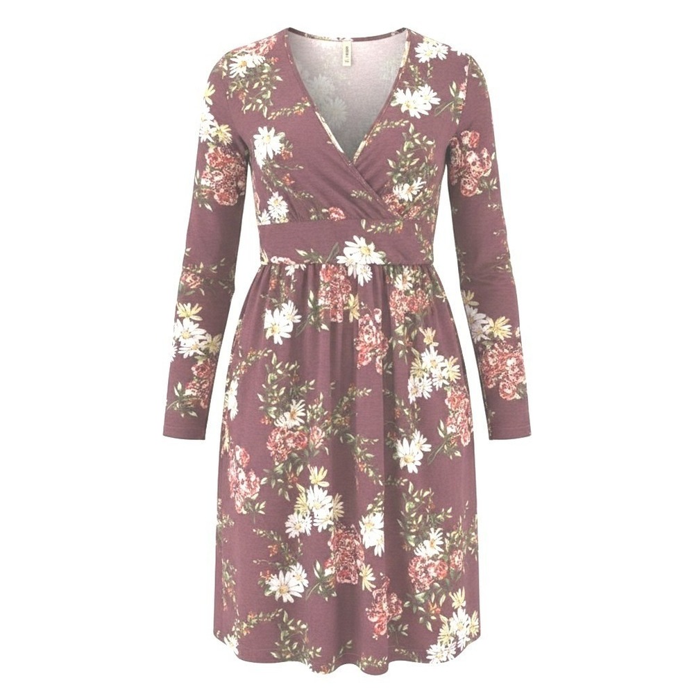 Grecerelle Womens 2XL Burgundy Floral Wrap Dress Long Sleeve V-Neck Empire Waist